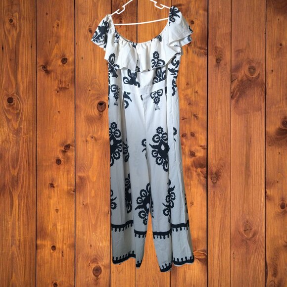 Shein Curve Women's 3XL Wide Leg Shoulder Ruffle Elastic Waist Boho Jumpsuit - Picture 1 of 5